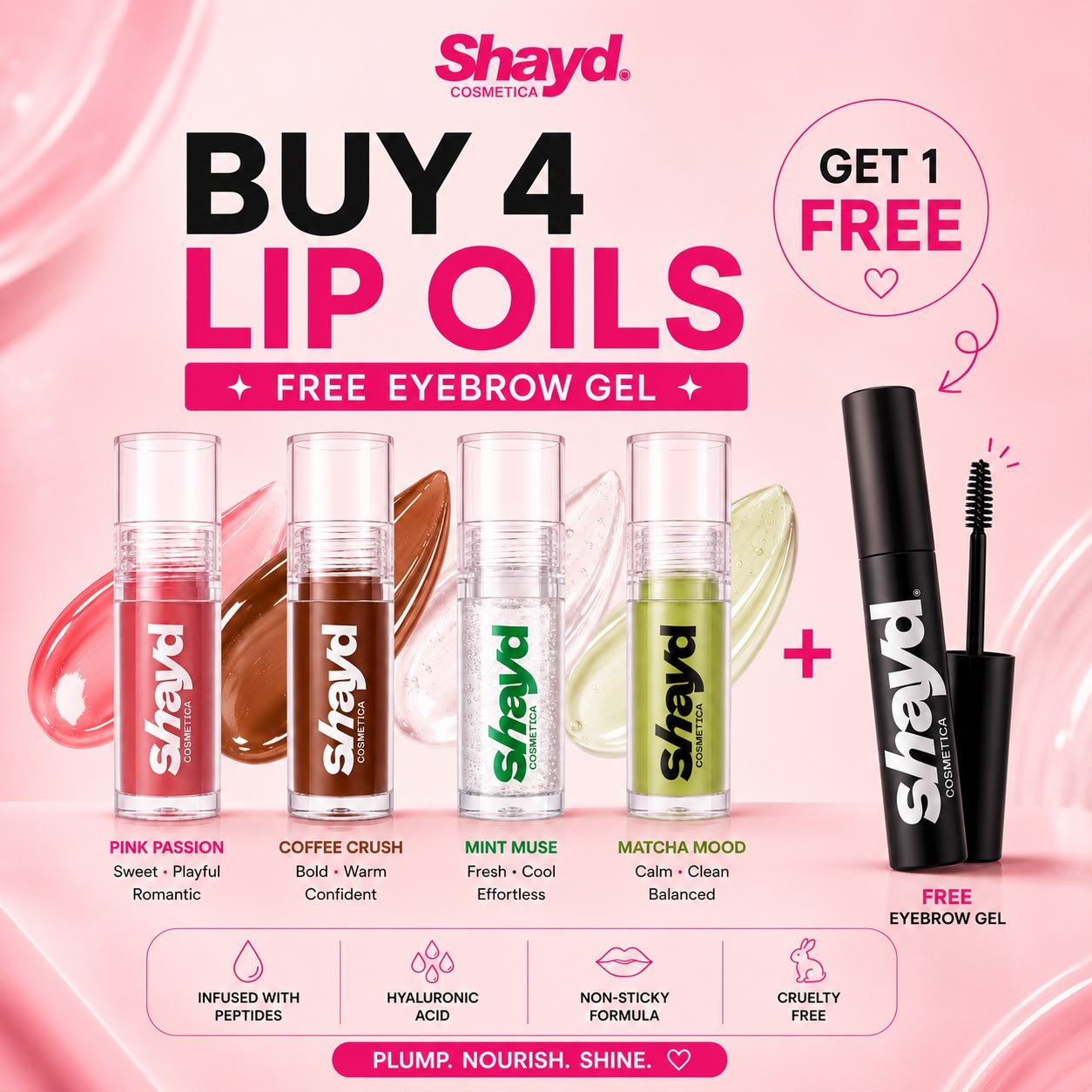 Buy 4 Shayd HydraRepair Lip Oils and get a free Clear Eyebrow Gel — Pinky Passion, Coffee Crush, Minty Muse, Matcha Mood