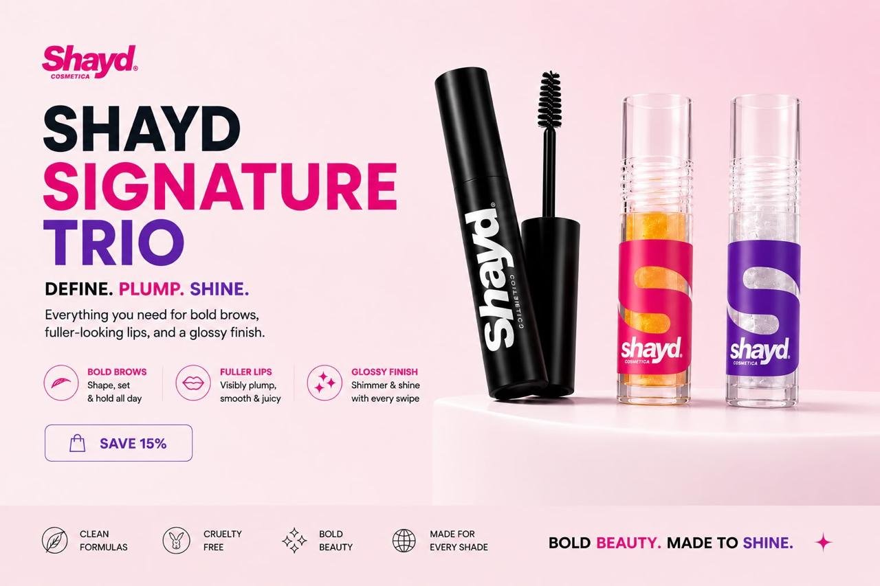 Shayd Signature Trio — Eyebrow Gel, Plumping Lip Gloss and Shimmering Lip Gloss. Define. Plump. Shine. Save 15%